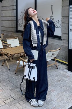 Striped Denim Shirt and Wide-Leg Pants Set for Women - Korean Style Casual Two-Piece Outfit for Spring and Autumn