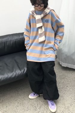 Striped Japanese Loose Fit T-Shirt - Versatile Casual Sweatshirt for Students - Unisex Spring Fashion Inspired by 90s and Y2K Styles