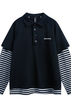 Striped Long Sleeve Fake Two-Piece T-Shirt for Women, Polo Collar Top, Spring 2025, Trendy American Style, Casual Korean Fashion