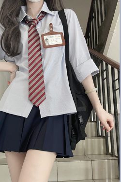 Striped Long Sleeve Pudding Bear JK Shirt Women's Uniform Set in White and Blue - 2024 Spring Style