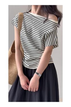 Striped Off-Shoulder Short Sleeve T-Shirt for Women - Slim Fit, Waist-Cinching, Flattering American Style Top for Summer 2025