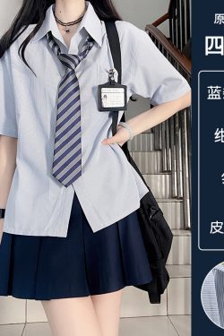 Striped Pudding Bear JK Shirt Set for Women - Short Sleeve & Long Sleeve Summer Top in Blue - Trendy Uniform Style