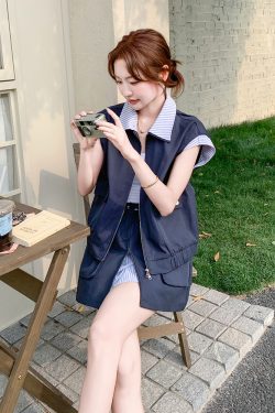 Striped Spliced Workwear Lapel Vest and Skirt Set for Women - 2025 Summer College Style Two-Piece Outfit