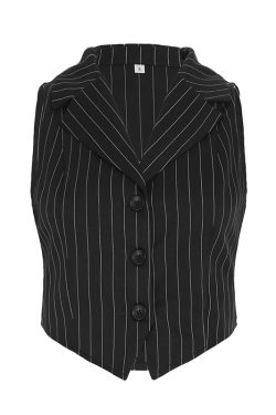 Striped Two-Piece Suit Set with Lapel Vest and Slim Fit Trousers - Stylish Commuter Outfit for Trendy 90s and Y2K Fashion