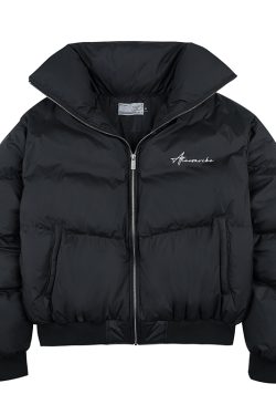 Structured Down Jacket with Typography & Embroidery, 90% White Duck Down Fill, Fashionable Winter Outerwear