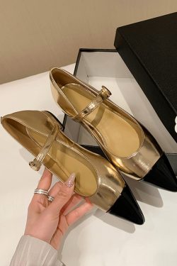 Stylish Black and Gold Color-Blocking One-Strap Pointed Toe Mary Jane Flats for Women – Luxe Genuine Leather Comfort Shoes