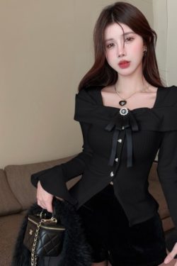 Stylish French Bow Tie Long Sleeve Knitted Top for Women - Unique Slim Fit Blouse for Autumn and Winter Fashion