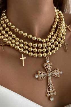 Stylish Multi-Layer Beaded Collarbone Chain Necklace with Diamond-Inlaid Cross Pendant - Trendy European and American Fashion Jewelry