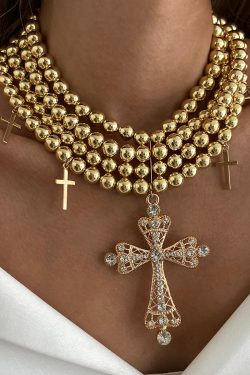 Stylish Multi-Layer Beaded Collarbone Chain Necklace with Diamond-Inlaid Cross Pendant - Trendy European and American Fashion Jewelry