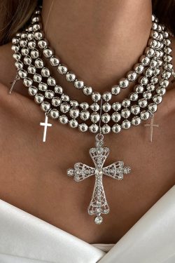Stylish Multi-Layer Beaded Collarbone Chain Necklace with Diamond-Inlaid Cross Pendant - Trendy European and American Fashion Jewelry