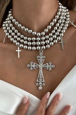 Stylish Multi-Layer Beaded Collarbone Chain Necklace with Diamond-Inlaid Cross Pendant - Trendy European and American Fashion Jewelry