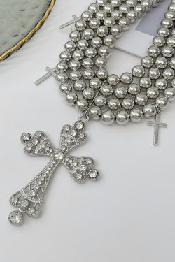 Stylish Multi-Layer Beaded Collarbone Chain Necklace with Diamond-Inlaid Cross Pendant - Trendy European and American Fashion Jewelry