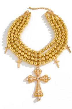Stylish Multi-Layer Beaded Collarbone Chain Necklace with Diamond-Inlaid Cross Pendant - Trendy European and American Fashion Jewelry