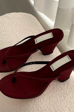Summer 2024 Trendy Red Sheepskin Flip-Flops for Women - Chunky Heel Thong Sandals