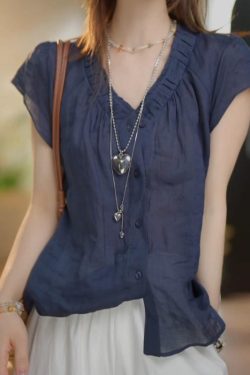 Summer 2025 French-Style V-Neck Pleated Cotton-Linen Short Sleeve Shirt for Women - Lightweight, Breathable Top
