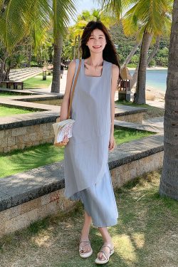 Summer 2025 Korean-Style Sleeveless Spliced Tank Dress for Women - Elegant French-Inspired Long Dress