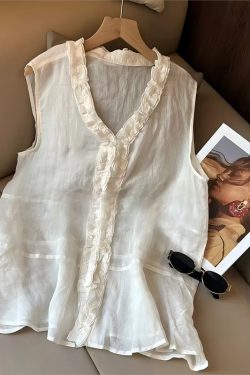 Summer 2025 Ruffled Lace V-Neck Sleeveless Top for Women - Trendy Loose Fit Fashion Shirt