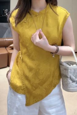 Summer 2025 Women’s Irregular Sleeveless Stand-Collar Jacquard Top in Chinese-Style National Wind Design