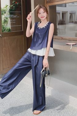 Summer Age-Reducing Color-Blocking Spliced Vest and Wide-Leg Pants Two-Piece Set - Elegant OOTD for Effortless Style