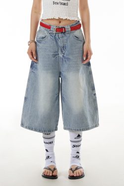 Summer American Vintage Lightning Pattern Wide-Leg Denim Shorts for Women - Loose Fit, Distressed, Three-Quarter Length, Y2K Style