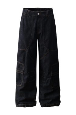 Summer American Vintage Multi-Pocket Baggy Work Pants - Stiff A-Line Jeans for 90s and Y2K Style
