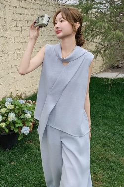 Summer Blue Sleeveless Vest and Wide-Leg Pants Two-Piece Set - Elegant Age-Reducing May Day OOTD Outfit