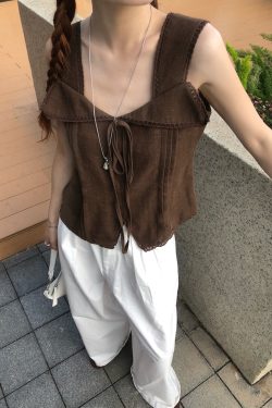 Summer Brown Linen Feel Sleeveless Top with Lace Trim and Collar Design for Women - Chic Casual Fashion