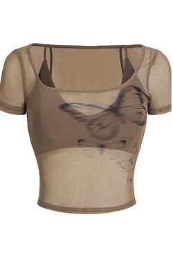 Summer Butterfly Print Camisole Mesh Short Sleeve T-Shirt Women’s Two-Piece Set - Trendy Niche Style for 90s and Y2K Fashion
