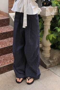 Summer Casual Blue Plaid Wide-Leg Pants for Women - Loose-Fitting Straight-Leg Trousers - Trendy Y2K Style