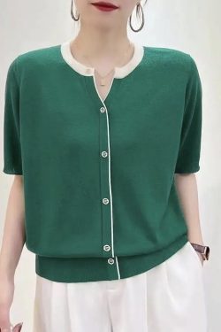 Summer Color-Blocked V-Neck Ice Silk Knitted Top - Elegant Loose Short Sleeve Shirt in Lightweight Lyocell
