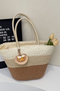 Summer Color-Blocking Woven Bag for Women - Large Capacity Commuting Vegetable Basket Shoulder Beach Bag 2025 Vacation Style