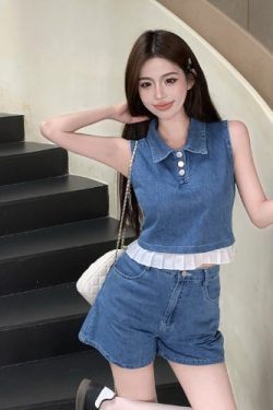 Summer Denim Vest Top and Wide-Leg Shorts Set - Fresh and Youthful Outfit for Effortless Style