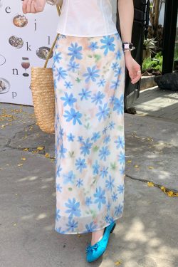 Summer Floral Midi Skirt for Women - Blue Bellflower Print, A-Line Design, Versatile Vacation Style, Perfect for Y2K and Korean Fashion