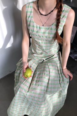 Summer Green Checkered Square Neck Pleated Waist Dress - Trendy 90s Inspired Style
