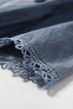 Summer Hollow Lace V-Neck Sequin Beaded Casual Denim Dress with Elastic Waist - European Style Fashion