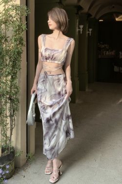 Summer Ink Wash Gradient Tie Strap Vest and Half Skirt Set - Sexy Two-Piece Outfit for Y2K and 90s Fashion Lovers