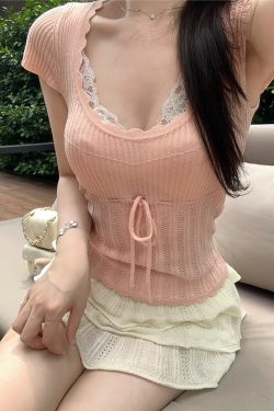 Summer Lace Short-Sleeve Two-Piece T-Shirt for Women - Sexy Waist-Cinching Slim-Fit Knitted Top, Y2K Fashion