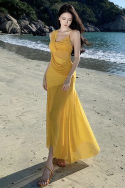 Summer Party Sexy Sheer Mesh Spliced Dress with Knot Design Long Skirt - Perfect for Vacation and Y2K Style