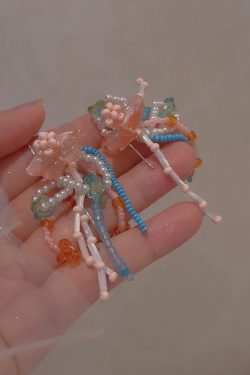 Summer Peach Blossom Beaded Earrings for Women - Colorful Gradient Tassel Long Earrings for Vacation Style