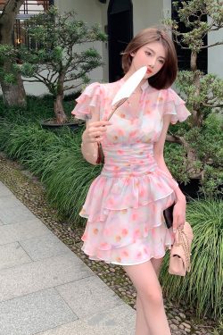 Summer Pink Ruffled Dress for Women, Unique Waist-Cinching Design, Slimming Fit, Gorgeous Cake Dress, Perfect for 90s and Y2K Styles