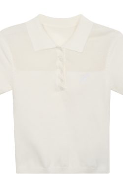 Summer Polo Collar White Short Sleeve Women's Spliced T-shirt Slim Fit Top - Trendy Casual Style for 2025