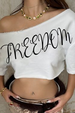 Summer Sexy Cropped Loose T-Shirt with Wide Shoulder Letter Print - European and American Street Style