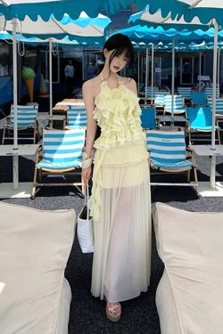 Summer Sexy Milk Yellow Ruffled Halter Top with Mesh Mid-Length Skirt - Spicy Girl Vacation Two-Piece Set