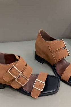 Summer Sheepskin Sandals for Women - Unique Open-Toe Design, Belt Buckle, Height-Increasing Roman Style Footwear