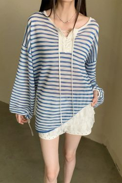 Summer Vacation French Striped Long Sleeve T-Shirt - Breathable Knitted Sun Protection Top for Effortless Style