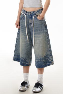 Summer Vintage Cracked Drawstring Denim Capris for Women - Loose Wide-Leg Distressed Shorts in American Style