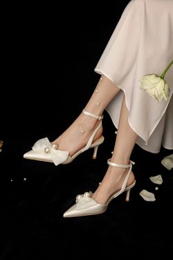 Summer Wedding Shoes for Women, Bow High Heels, One-Strap Closed-Toe Sandals, Fairy Style, Comfortable Bride Footwear