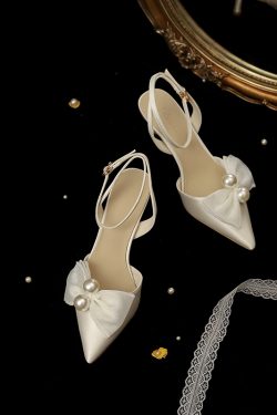 Summer Wedding Shoes for Women, Bow High Heels, One-Strap Closed-Toe Sandals, Fairy Style, Comfortable Bride Footwear