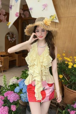 Sweet and Spicy Summer Skirt Set - Yellow Halter Top with Strawberry Print and Half Skirt - Y2K Inspired Fashion
