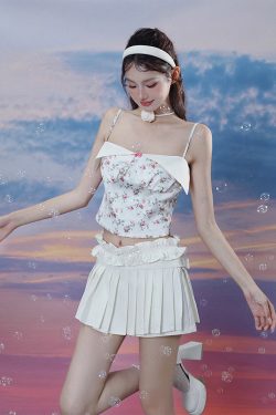 Sweet Bow Pink Floral Camisole and White Ruffled Pleated Skirt Two-Piece Set - Trendy Spicy Girl Outfit for 90s Y2K Fashion